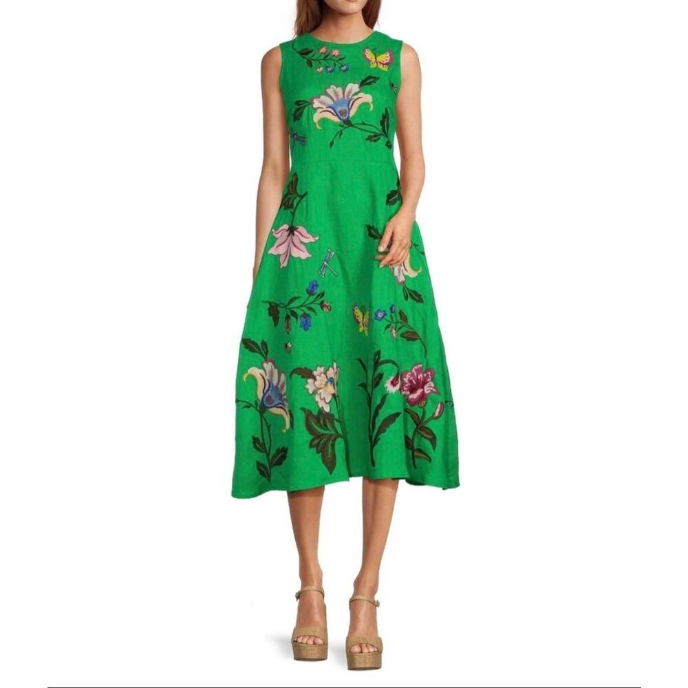 Fanm Mon Gloriosa Hand Embroidered Sleeveless Midi Dress Size S